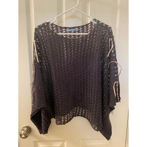 Lily McNeal Black Merino Wool Poncho Sweater Tassels Women's Size Small